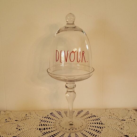 EUC Rae Dunn Clear Glass Dome Covered Cupcake Stand - "DEVOUR" - Picture 1 of 8